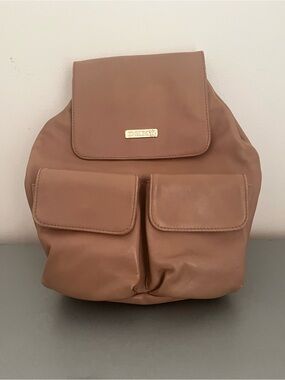 Vintage Authentic 1990s DKNY Brown Leather Backpack with Front Flap Pockets